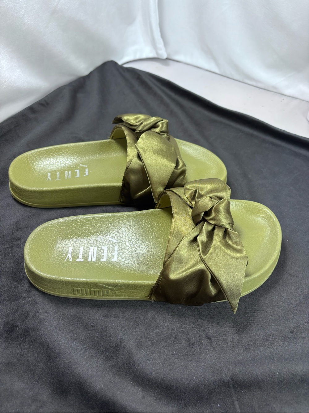 PUMA x FENTY by Rihanna Olive Green Satin Bow Slide Sandals | Women’s US 6 - Picture 7 of 10